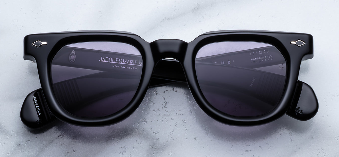 JMM Epoxy II Vendome Fumée — Wellington frame in polished black acetate, with sterling silver arrowhead front-pins in black epoxy