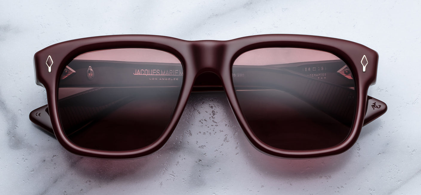 JMM Epoxy II Yves in Cassis — rectangular Wellington-style frame in deep burgundy-cassis acetate with ruby CR‑39 lenses and hand-painted cassis epoxy arrowhead pins