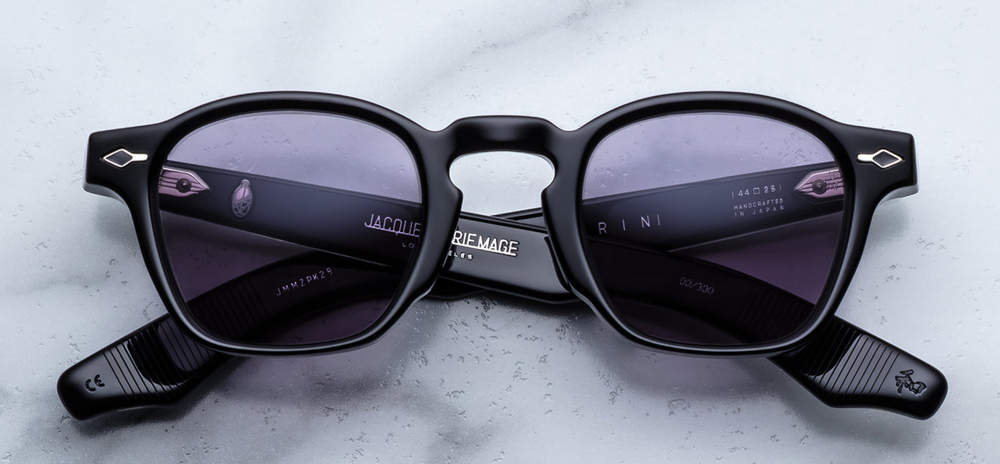 JMM Epoxy II Zephirin Fumée — roundish, vintage-inspired frame in polished black acetate with hand-painted black epoxy arrowhead front-pins and smoky Nimbus lenses.
