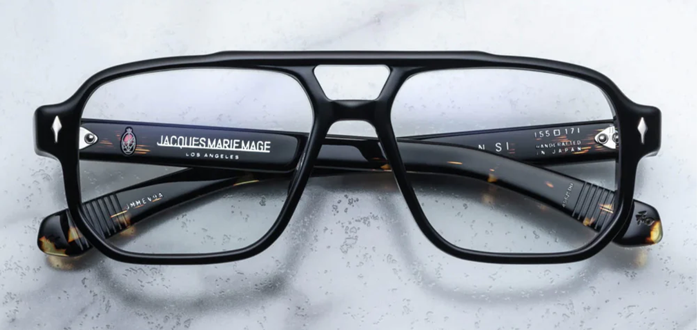 Front view of Jacques Marie Mage Evans Noir 15 optical glasses with bold black 8 mm cured acetate rectangular frames, signature double-nose bridge and precision precious metal hardware — luxury handcrafted Japanese eyewear