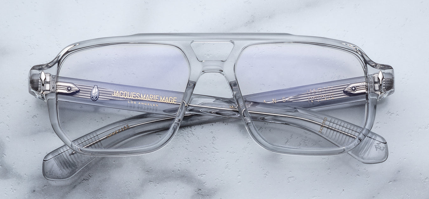 Front view of Jacques Marie Mage Evans Sulfur eyeglasses showcasing yellow‑green 8 mm cured acetate, outsized ’60s-inspired navigator silhouette with bold double‑nose bridge and exposed precious‑metal wirecore