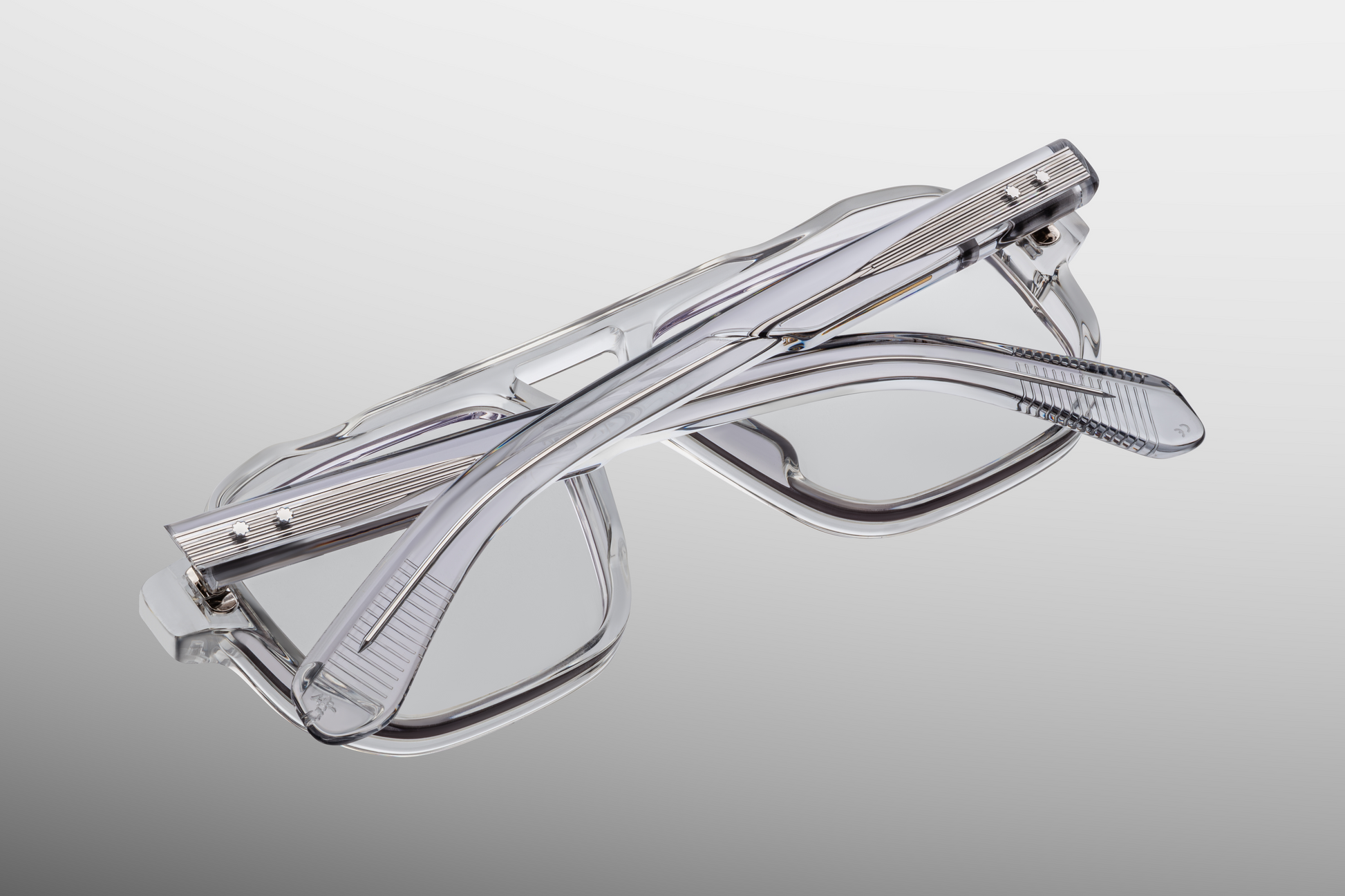 Rear view of Jacques Marie Mage Evans Sulfur eyeglasses showing clean sulfur acetate frame back, visible double‑nose bridge, exposed silver wirecore that contours the temple core, and limited‑edition estate of 350 pieces