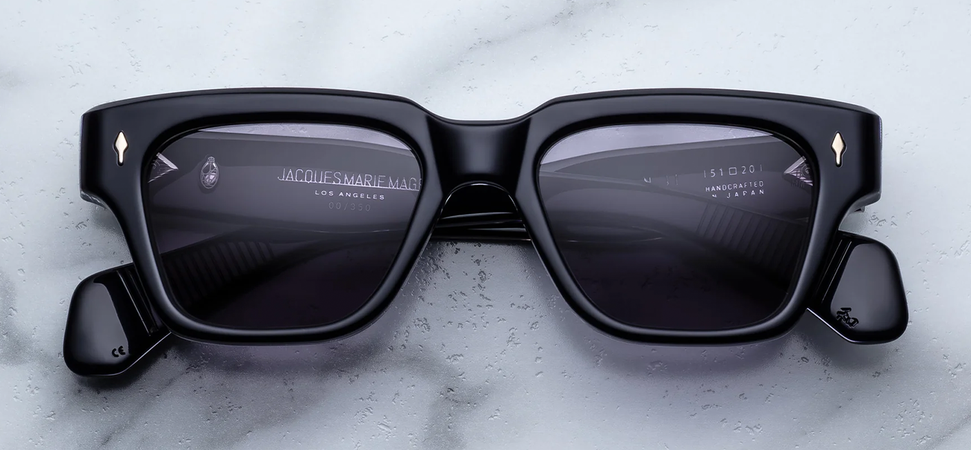 Jacques Marie Mage Fellini Hudson sunglasses front view featuring a deep blue rectangular acetate frame, sculptural temples and wine gradient CR39 lenses