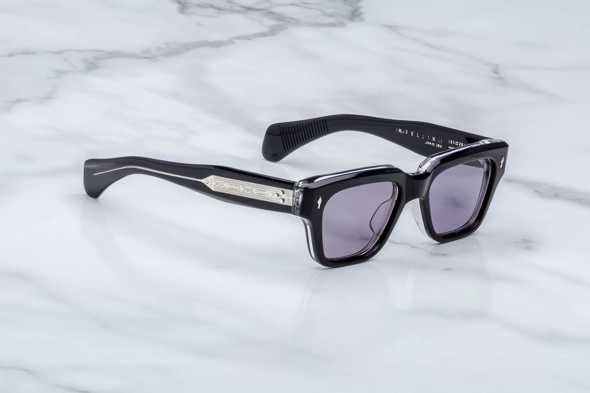 Jacques Marie Mage Fellini Hudson sunglasses side profile showcasing thick blue acetate construction, sculpted double-laminated temples and wine gradient lenses