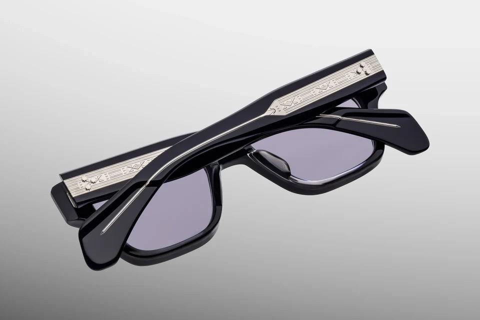 Jacques Marie Mage Fellini Hudson sunglasses rear view highlighting deep blue acetate frame, artisan craftsmanship and sculptural temple design