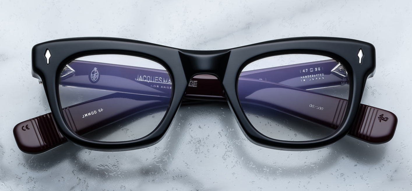 Front view of Jacques Marie Mage Godard eyeglasses in bloodstone acetate, featuring a bold rectangular silhouette