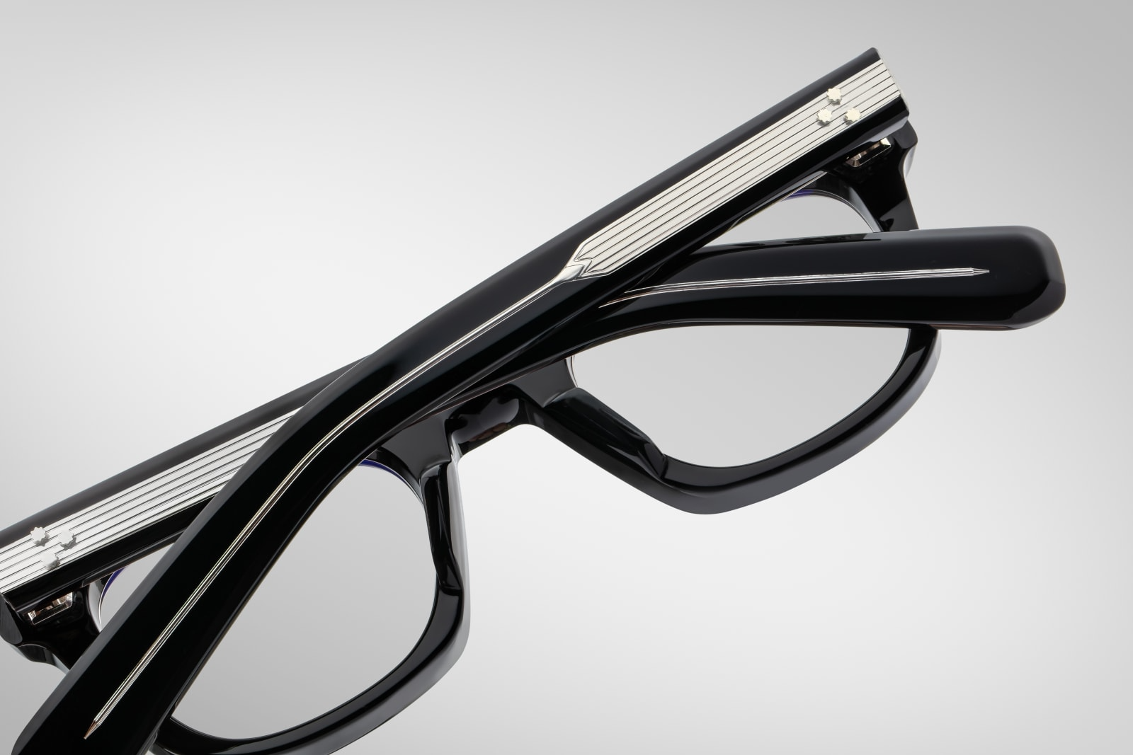 Back view of Jacques Marie Mage Godard in bloodstone, showing the interior acetate pattern and curved temples.