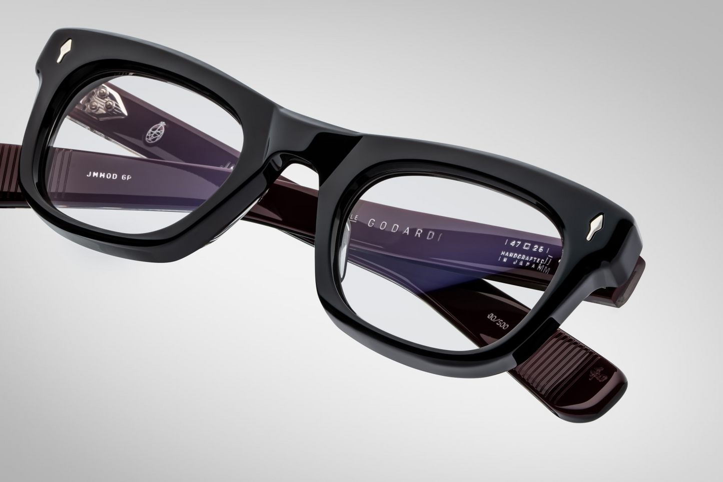 Top view of Jacques Marie Mage Godard bloodstone eyeglasses, emphasizing frame thickness and bridge shape.