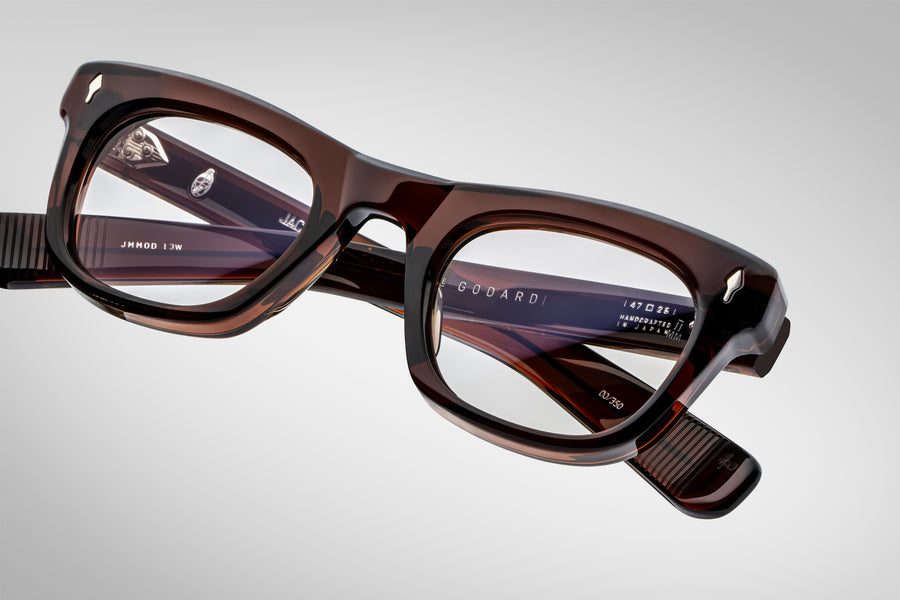 Overhead shot of the Godard Zoltar — showcasing the frame’s gentle arch, thick 10 mm acetate block, and the smooth transition from the brow into the temples