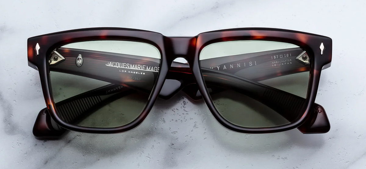 Front view of Jacques Marie Mage Hyannis sunglasses in Tenace, showing the warm Havana tortoiseshell acetate frame and signature sterling silver arrowhead pins