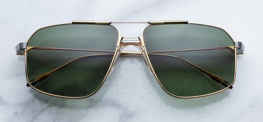 Jacques Marie Mage Jagger Musket sunglasses front view, oversized titanium aviator frame with sculptural bridge and green gradient lenses
Front view of JMM Jagger Musket aviator sunglasses, vintage-inspired titanium frame with bold brow bar detail