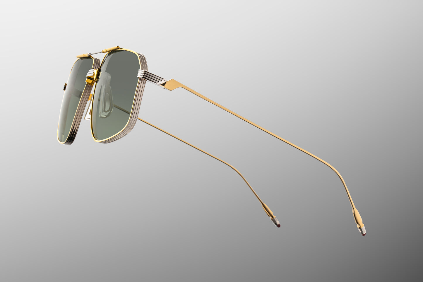 Close-up side detail of Jacques Marie Mage Jagger Musket showing engraved titanium temples, hinge construction and epoxy tips
Macro side view of JMM Jagger Musket aviator sunglasses highlighting premium hardware and temple design