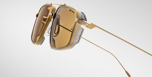 Close-up of the temple arm of Jacques Marie Mage Hagger Roma sunglasses, featuring intricate metal detailing and the brand’s signature design motifs.