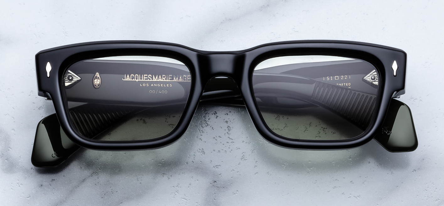 Jacques Marie Mage Jeff Cobra sunglasses front view from the Jeff Goldblum for JMM collection with bold rectangular frame and green lenses – available at WINK Optometrists.