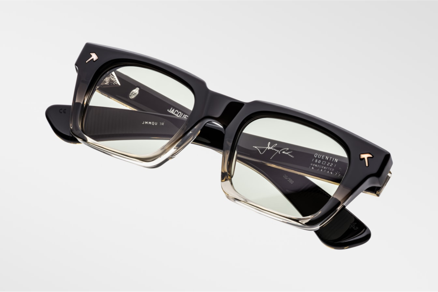 Jacques Marie Mage Quentin Black Fade sunglasses from the Johnny Cash collection.  Inside the temple, a “Johnny Cash” signature foil adds a collector’s detail. Handcrafted in Japan, limited to 350 pieces and in stock at WINK Optometrists