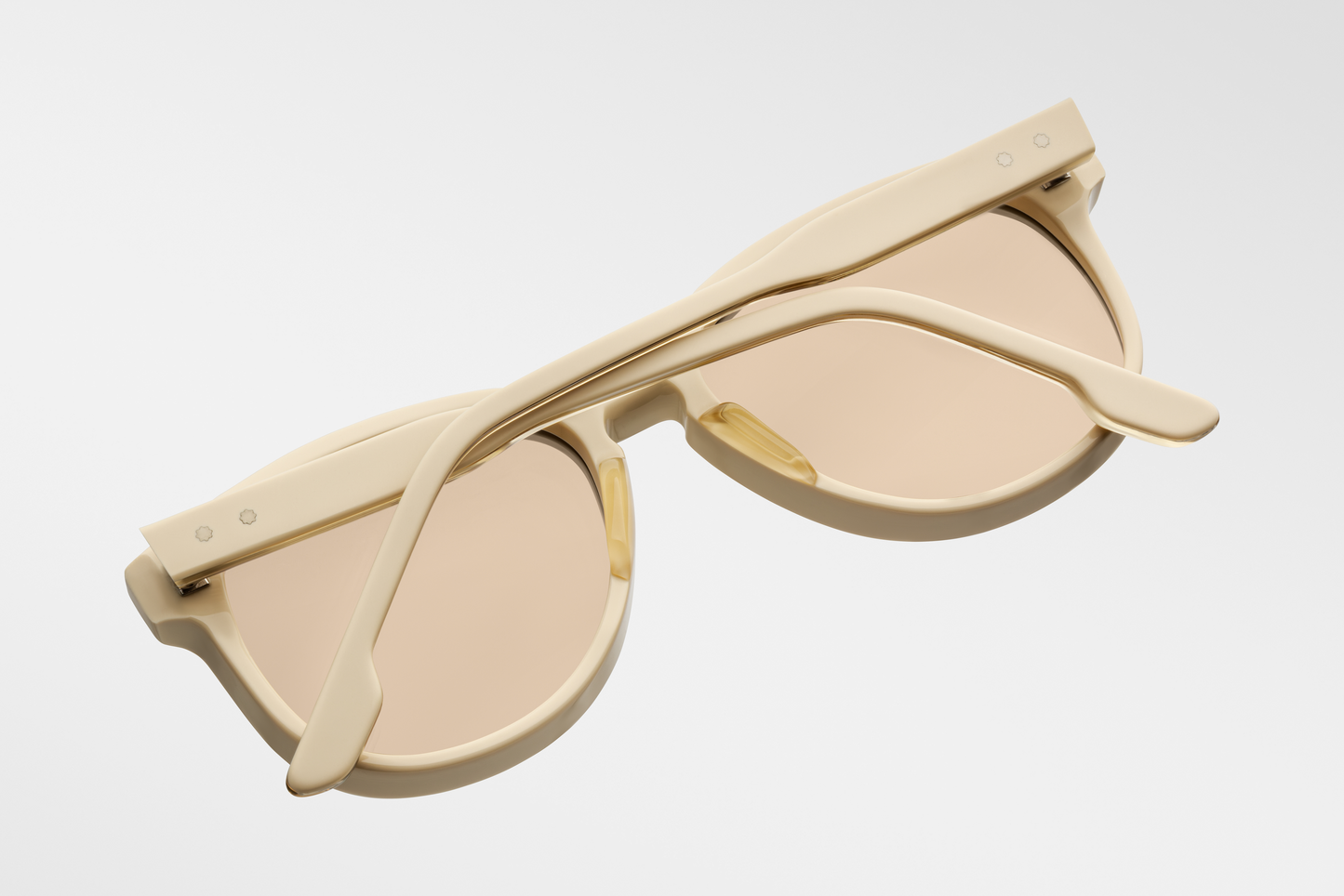 Interior/back of the Kay Sun Suede — polished inner surface of the suede acetate frame, visible light-gold wire-core in the temples, and the limited-edition serial number engraved on the temple.