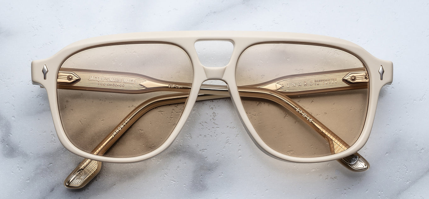 Front view of Jacques Marie Mage Leonard Suede sunglasses in Sun Suede: oversized navigator-style frame in matte yellow cellulose acetate, featuring a balanced double-bridge design. The frame includes light gold arrowhead front pins and Vauxhall wirecores with refined hairline details.