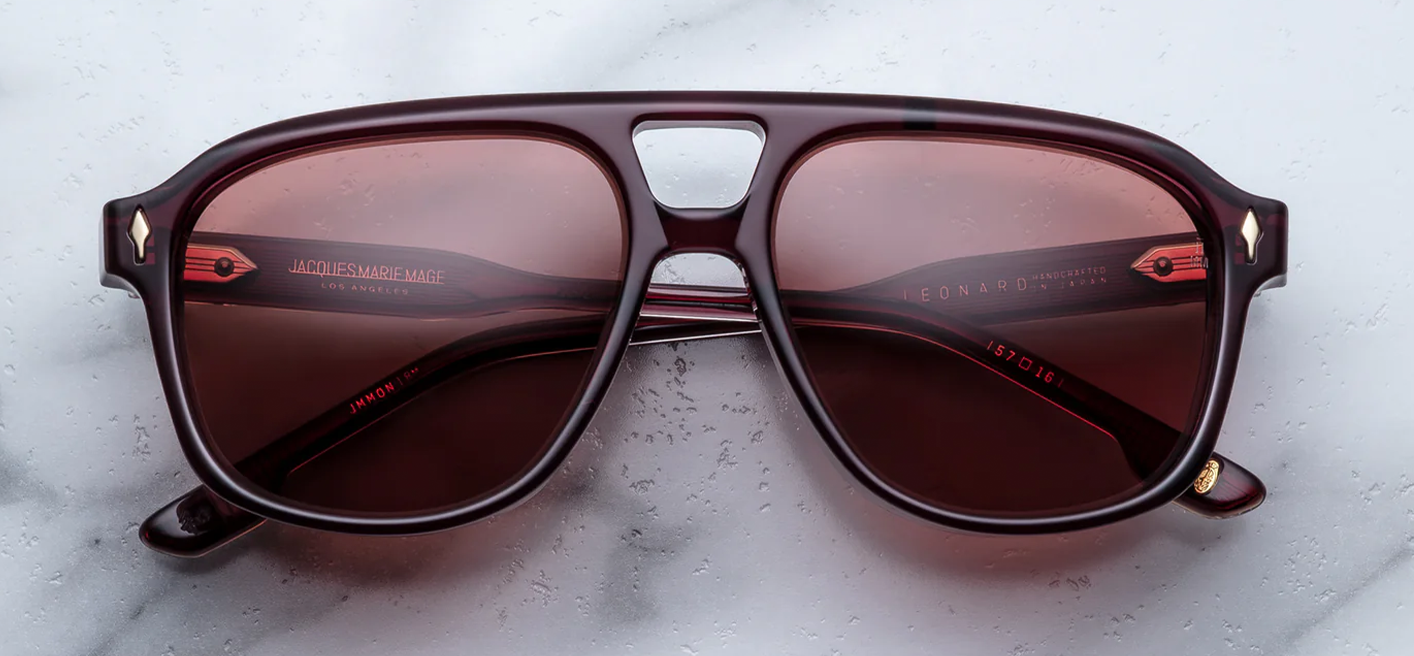 Jacques Marie Mage Leonard Amarena sunglasses front view featuring a vintage navigator frame, double bridge design, cherry red acetate and bronze lenses