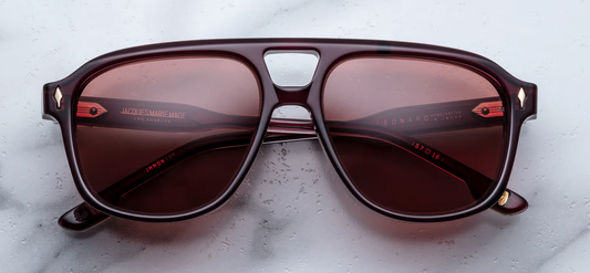 Jacques Marie Mage Leonard Amarena sunglasses front view featuring a vintage navigator frame, double bridge design, cherry red acetate and bronze lenses