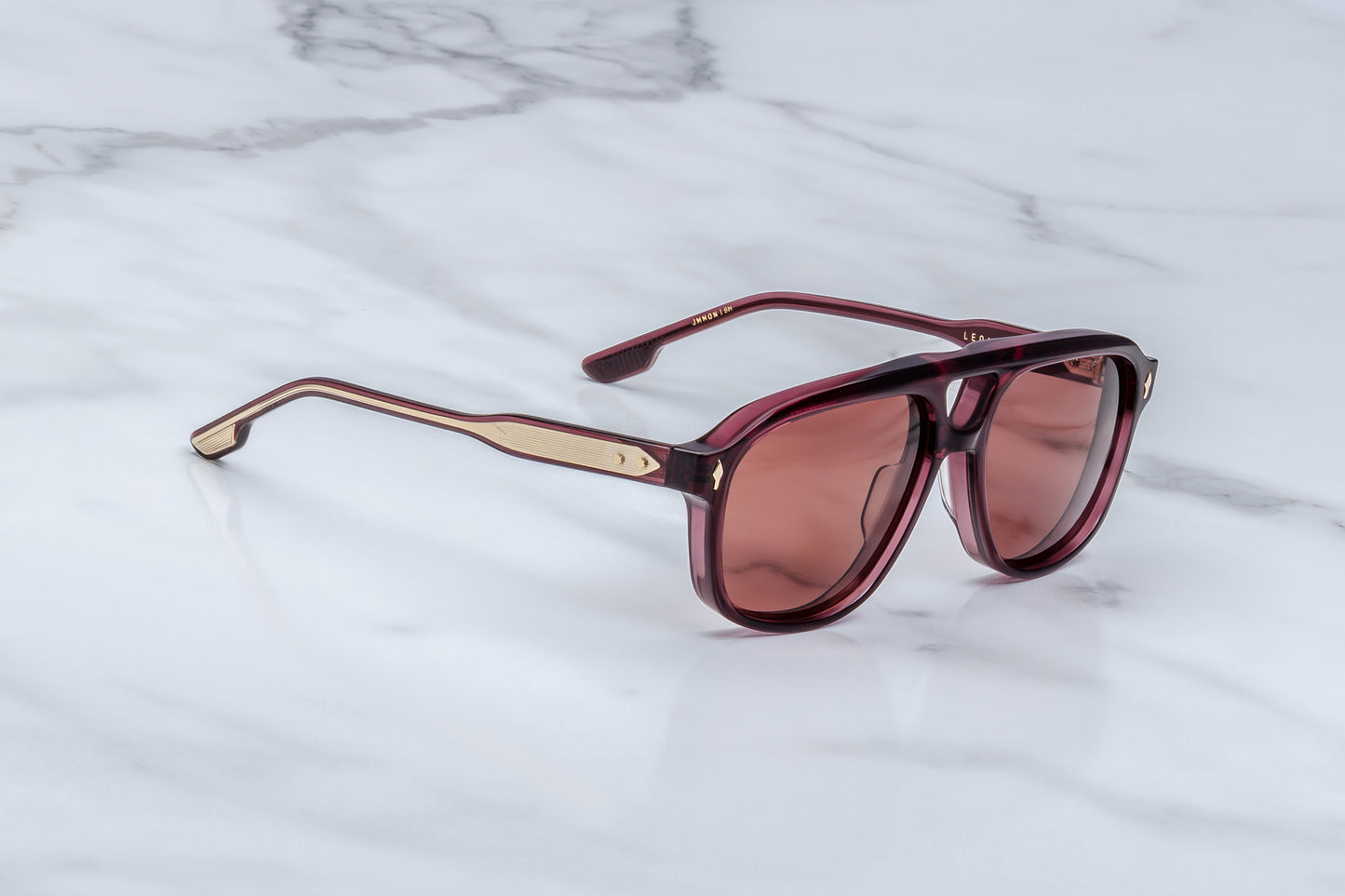Jacques Marie Mage Leonard Amarena sunglasses side profile showcasing slim temples, exposed wirecore detailing and handcrafted Japanese acetate frame