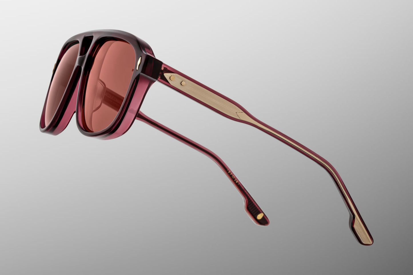 Jacques Marie Mage Leonard Amarena temple detail with signature arrowhead pin, exposed Vauxhall wirecore and premium handcrafted luxury eyewear construction