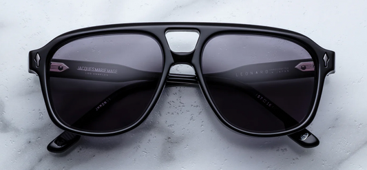 Jacques Marie Mage Leonard Raven sunglasses front view featuring a black navigator frame, double bridge design and grey gradient lenses