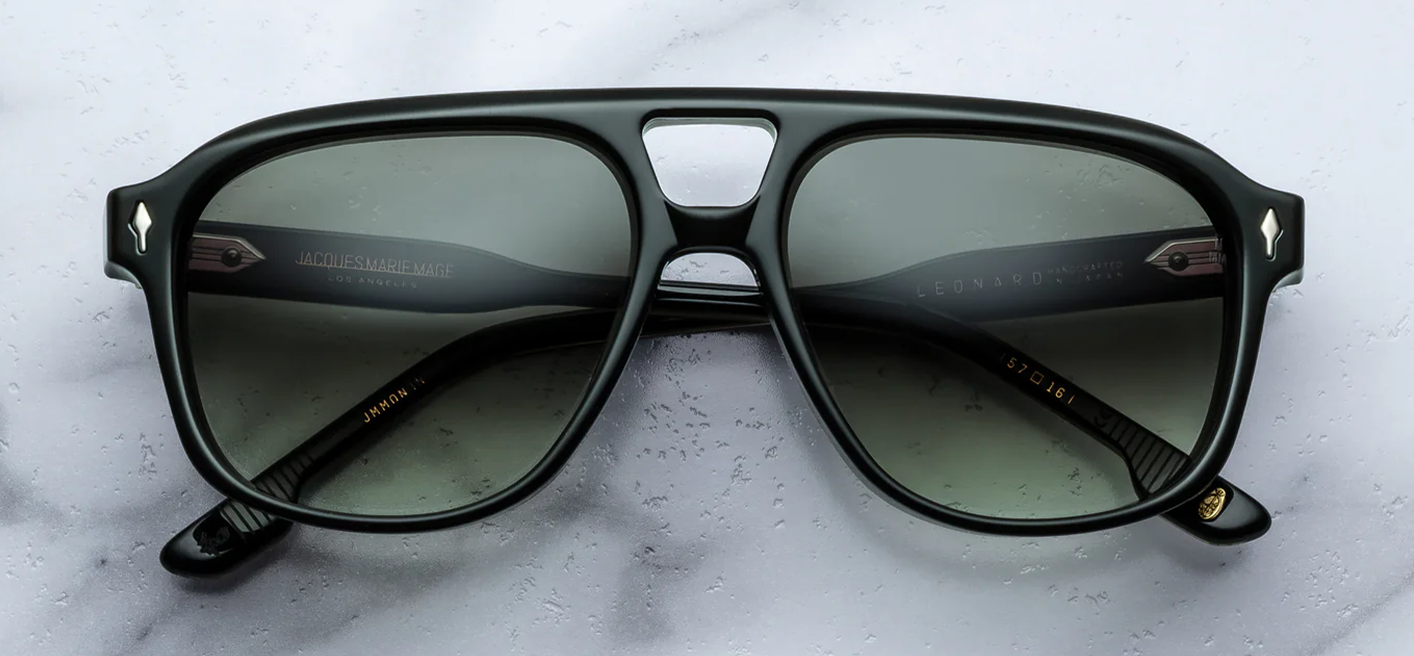 acques Marie Mage Leonard Viper sunglasses front view featuring a black acetate navigator frame, double bridge design and emerald gradient CR39 lenses