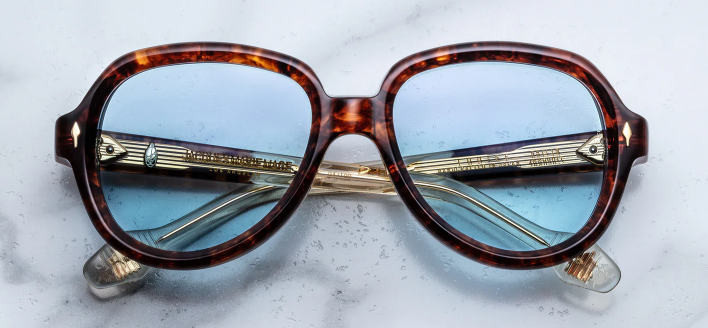 Jacques Marie Mage Louise Paris sunglasses front view, oversized aviator frame in soft blue acetate with vintage 70s-inspired silhouette
Front view of JMM Louise Paris sunglasses, sculptural aviator design with softened angles and signature arrowhead rivets