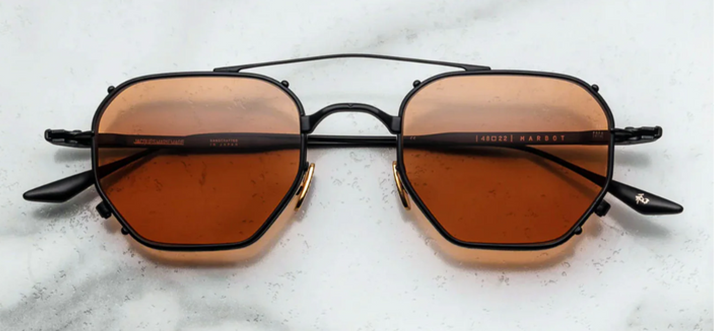 Front of the Marbot Black — octagonal double‑wire rim in matte black beta‑titanium, with a bold architectural double bridge and copper‑tinted CR39 lenses