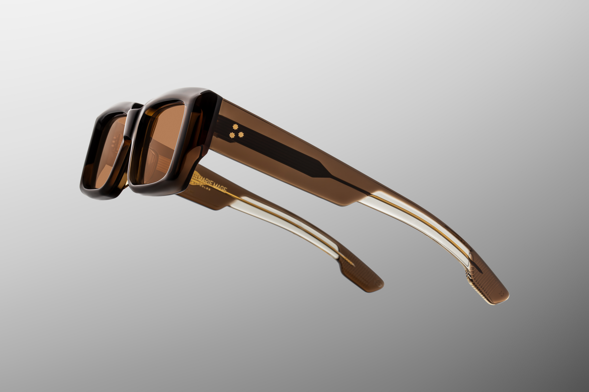 Close up temple detail of Jacques Marie Mage Quant London sunglasses showing engraved wire core and premium acetate temple design – available at Wink Optometrists