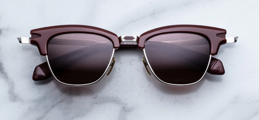 Jacques Marie Mage Sartre Bordeaux sunglasses front view, burgundy acetate browline with round titanium frame and tinted lenses, luxury handcrafted eyewear