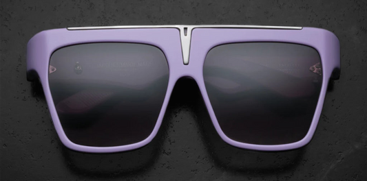 Front view of JMM Selini in lavender — strong square navigator frame in lilac cured acetate with wine-gradient CR39 lenses