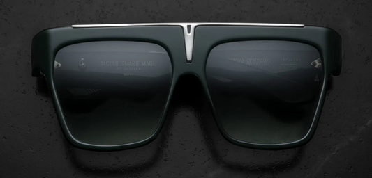 Jacques Marie Mage Selini Sun Viper — bold ’80s-inspired navigator sunglasses in rich green 10 mm cured acetate, with silver brow-bar and emerald gradient lenses.
