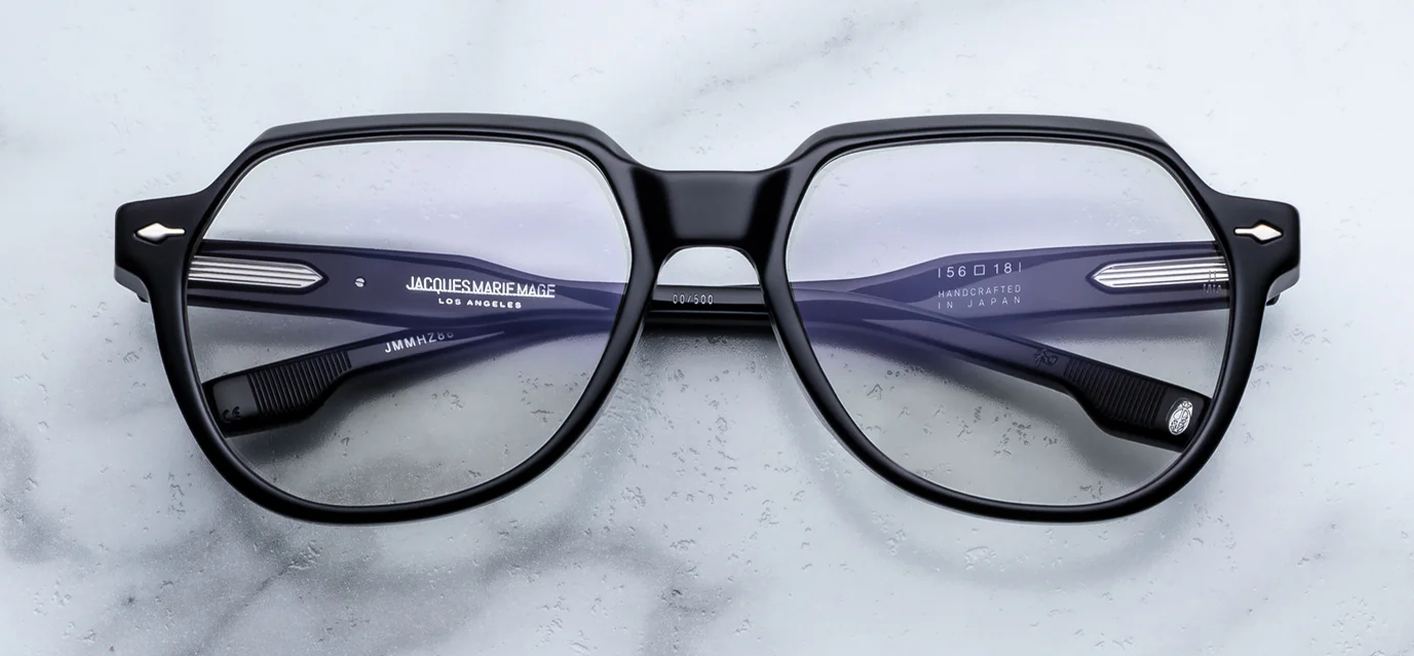Jacques Marie Mage Shozo black optical frame front view, bold flattop round acetate eyeglasses with sterling silver arrowhead pins
Front view of JMM Shozo black eyeglasses, architectural round frame with flat top and thick acetate construction