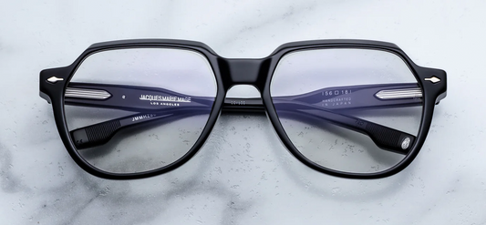 Jacques Marie Mage Shozo black optical frame front view, bold flattop round acetate eyeglasses with sterling silver arrowhead pins
Front view of JMM Shozo black eyeglasses, architectural round frame with flat top and thick acetate construction