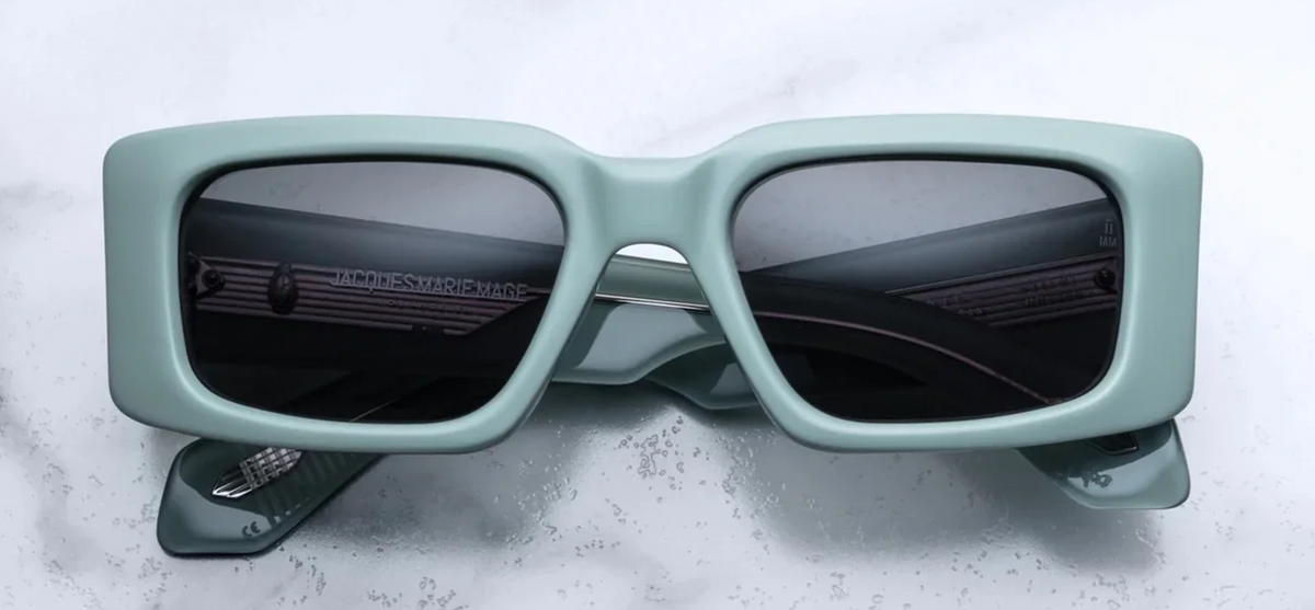 Jacques Marie Mage Supersonic Glacier ice-blue green acetate sunglasses with jet black lenses front view.