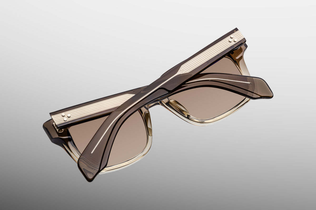 Inner rear view of Jacques Marie Mage Torino Lescot sunglasses, detailing the heavy-duty 7-barrel hinge with spur-shaped rivets and the limited-production batch number foil-stamped in silver on the interior temple arm.