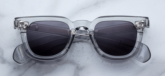 JMM Vendome Sulfur — Wellington‑shape frame in translucent grey (‘sulfur’) acetate with charcoal lenses.