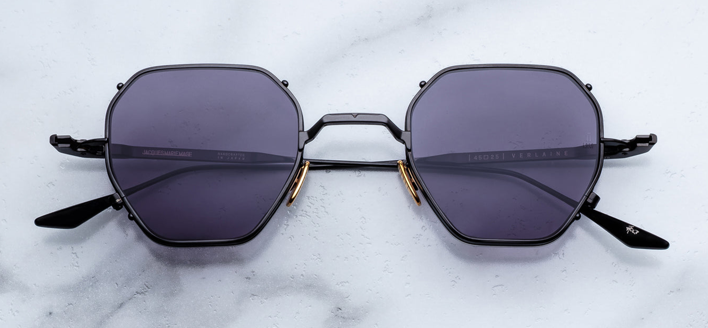 Jacques Marie Mage Verlaine sunglasses in Corbeau front view – bold black acetate square frame with signature arrowhead rivets and dark lenses – available at Wink Optometrists