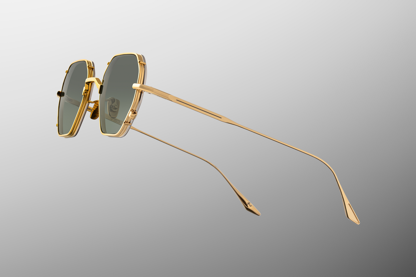 Close up temple detail of Jacques Marie Mage Verlaine Muskett sunglasses showing engraved wire core inside translucent acetate temples – available at Wink Optometrists