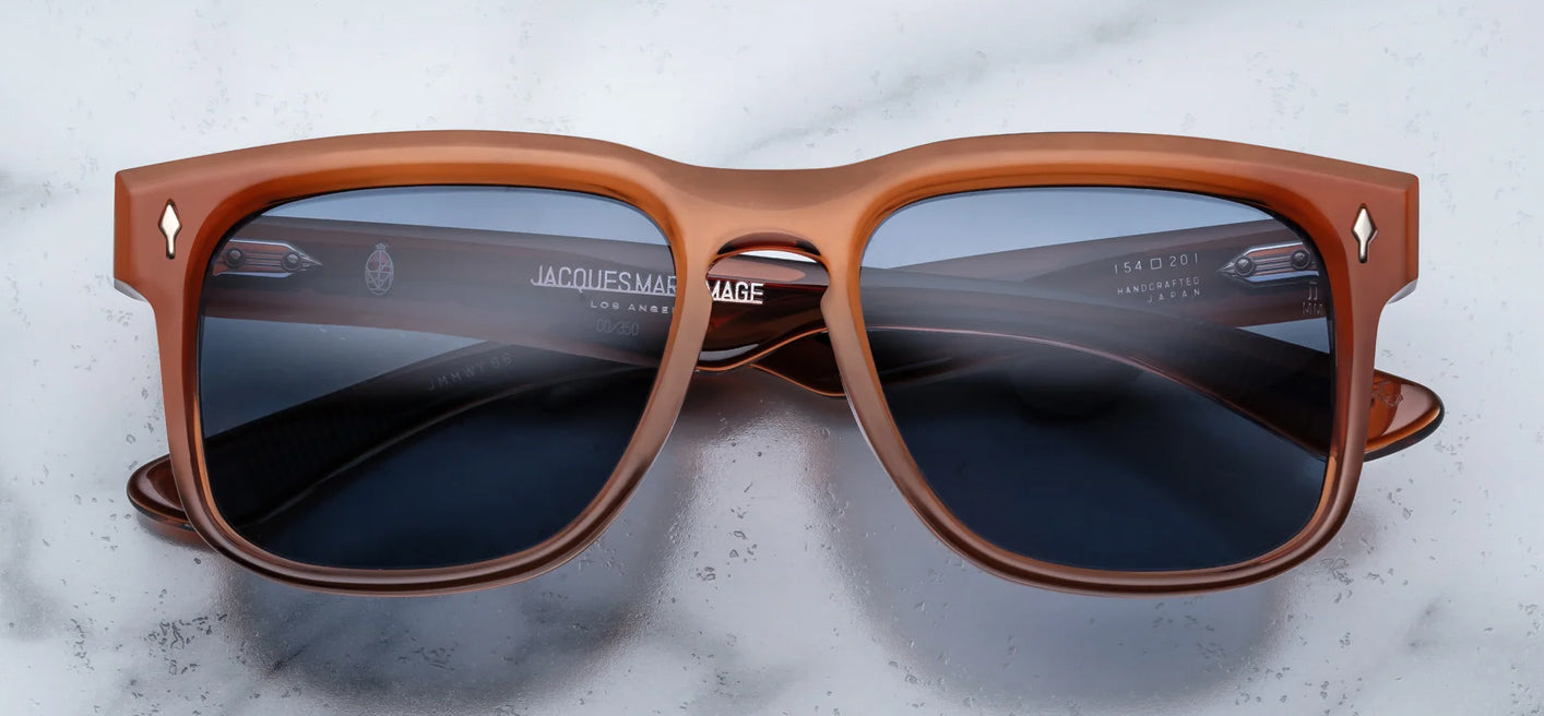 JMM Wesley Rootbeer — sleek rectangular sunglasses in warm brown 10 mm cured acetate, with a keyhole nose bridge and blue marine lenses