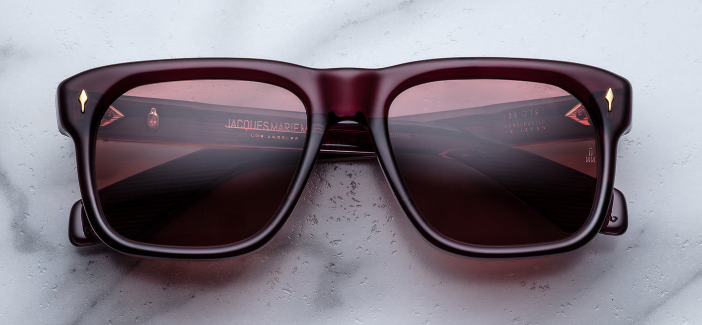 Front of JMM Yves Amarena sunglasses — wide rectangular frame in deep cherry red acetate with a subtle gloss finish