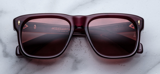 Front of JMM Yves Amarena sunglasses — wide rectangular frame in deep cherry red acetate with a subtle gloss finish