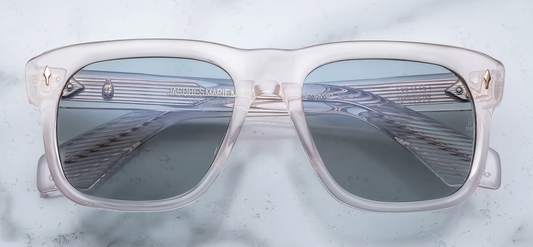 Clear sunglasses with reflective lenses on a light blue background