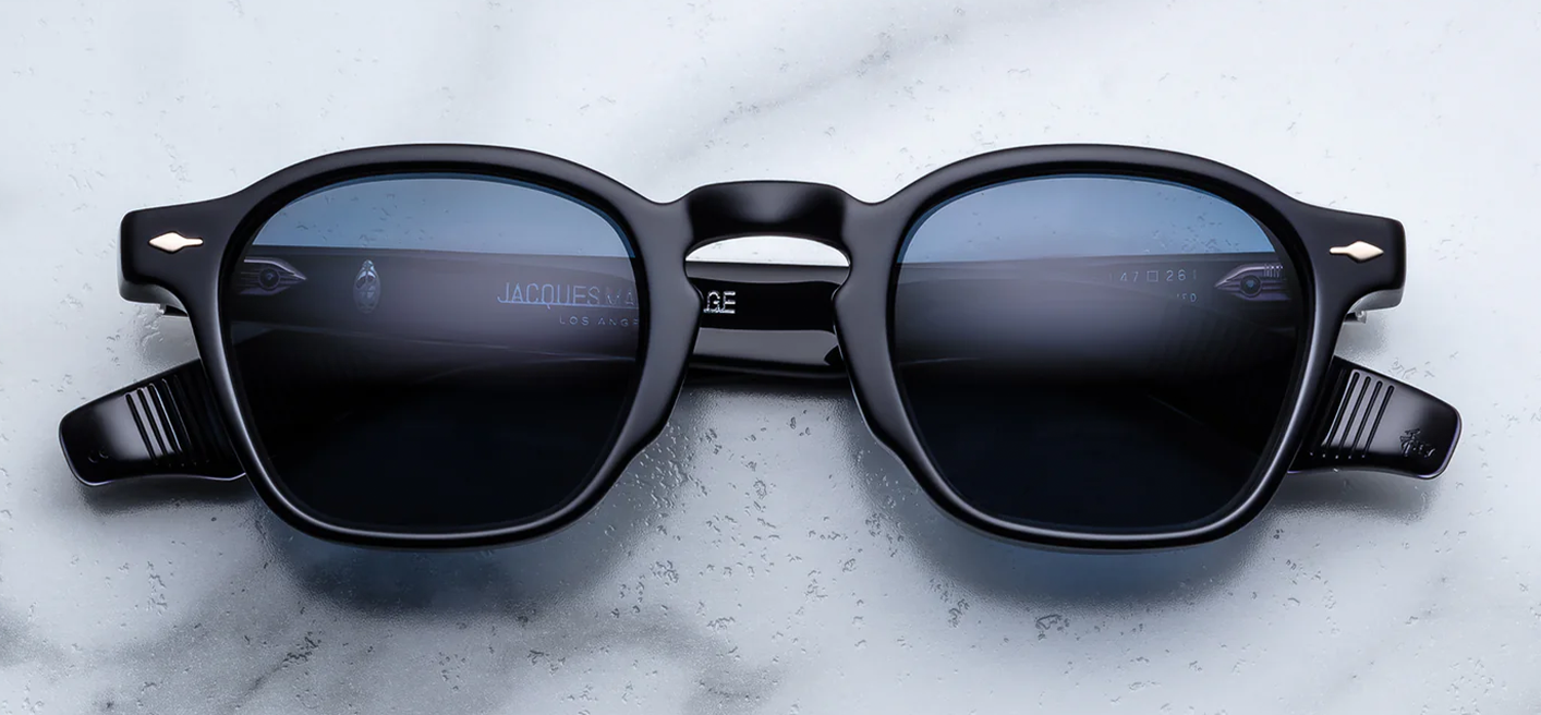 Jacques Marie Mage Zephirin 47 Lacquer sunglasses front view featuring a deep translucent blue acetate frame, iconic P3 silhouette and matching blue CR39 lenses