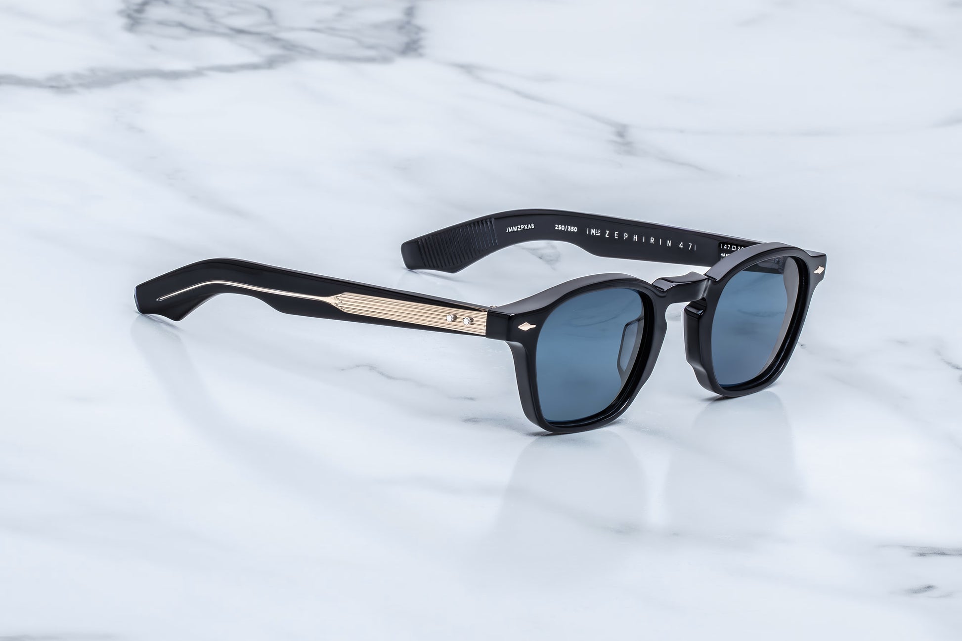Jacques Marie Mage Zephirin 47 Lacquer sunglasses side profile showcasing handcrafted blue acetate temples, light gold hardware and exposed wirecore detailing