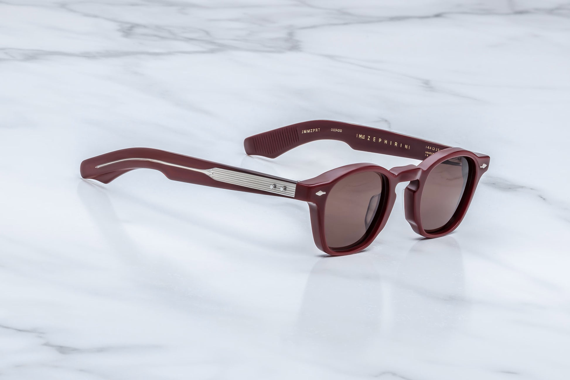 Jacques Marie Mage Zephirin Bordeaux Empire sunglasses side profile showcasing sculpted Bordeaux red acetate temples, sterling silver hardware and exposed wirecore detailing