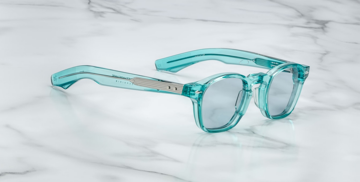 Side view of Jacques Marie Mage Zephirin turquoise eyeglasses, highlighting the thick acetate temple and metal arrowhead detail