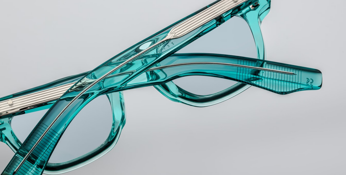 Back view of Jacques Marie Mage Zephirin in turquoise, showing the inside of the acetate frame and curved temples