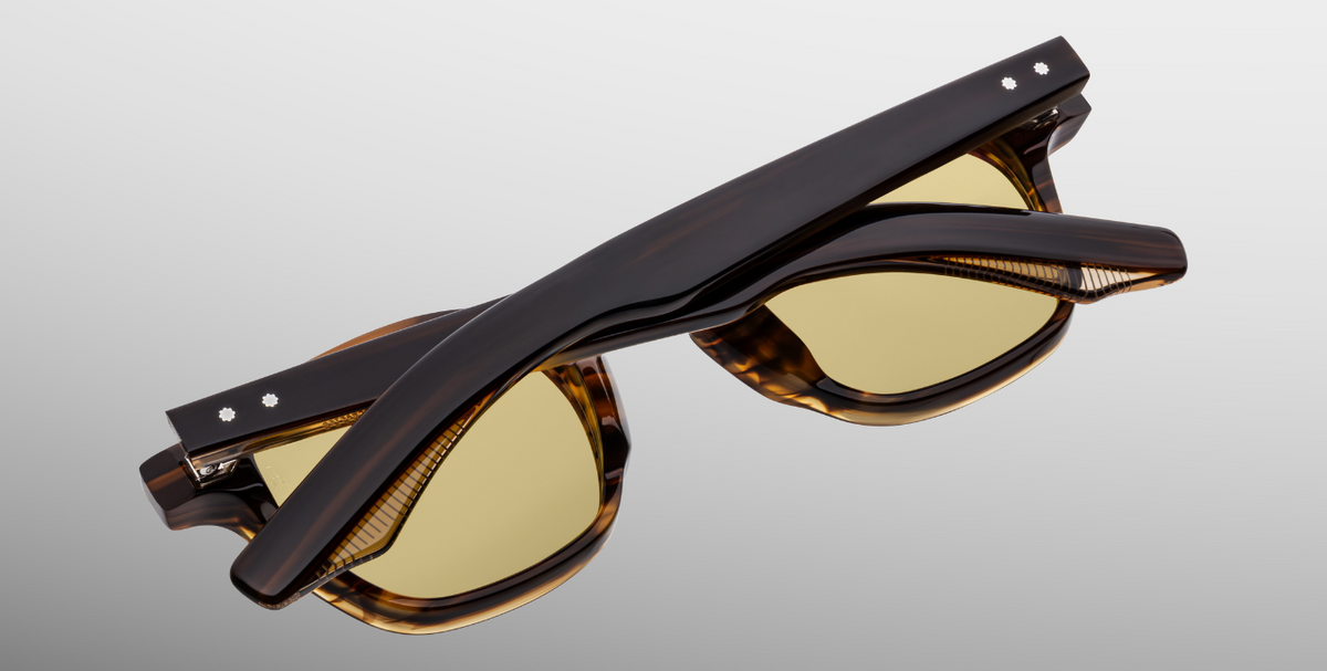 Interior/back view of Zephirin Hazel: smooth inner acetate, model/serial marking inside temple, keyhole bridge underside, polished finish, handcrafted details in every joint